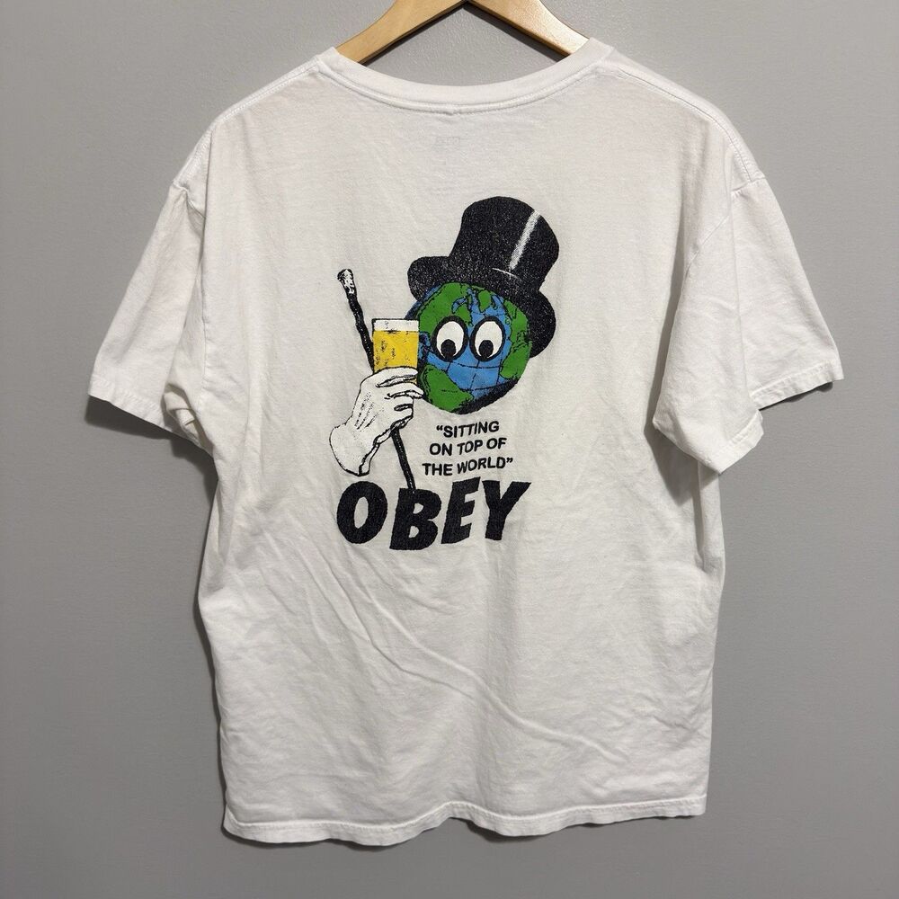Obey On Top Of The World Graphic T-shirt Men Large White Short Sleeve
